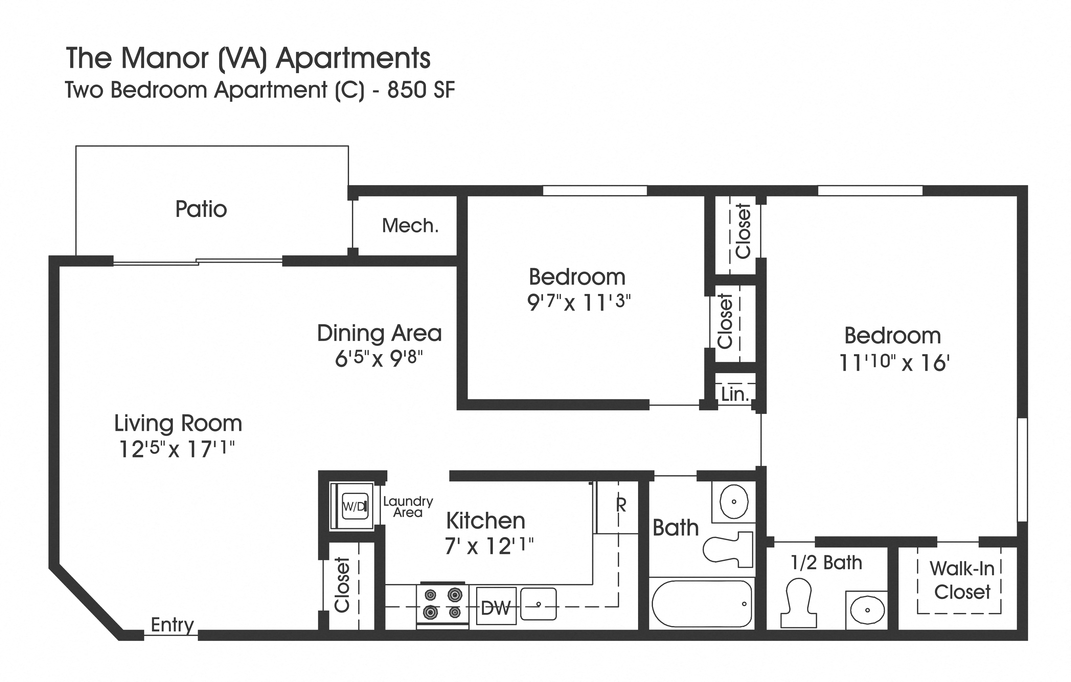 Floor plan for 2 beds, 1.5 baths, 850 sqft